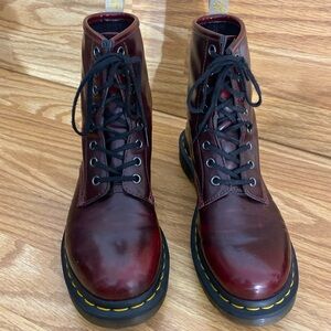 Dr. Martens 24226 Cherry Red Vegan Patent Leather 8-Eye Boots Woman’s US 7.